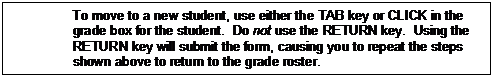 Text Box: To move to a new student, use either the TAB key or CLICK in the grade box for the student.  Do not use the RETURN key.  Using the RETURN key will submit the form, causing you to repeat the steps shown above to return to the grade roster.

