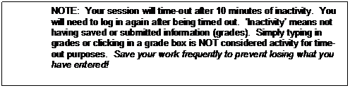 Text Box: NOTE:  Your session will time-out after 10 minutes of inactivity.  You will need to log in again after being timed out.  Inactivity means not having saved or submitted information (grades).  Simply typing in grades or clicking in a grade box is NOT considered activity for time-out purposes.  Save your work frequently to prevent losing what you have entered!